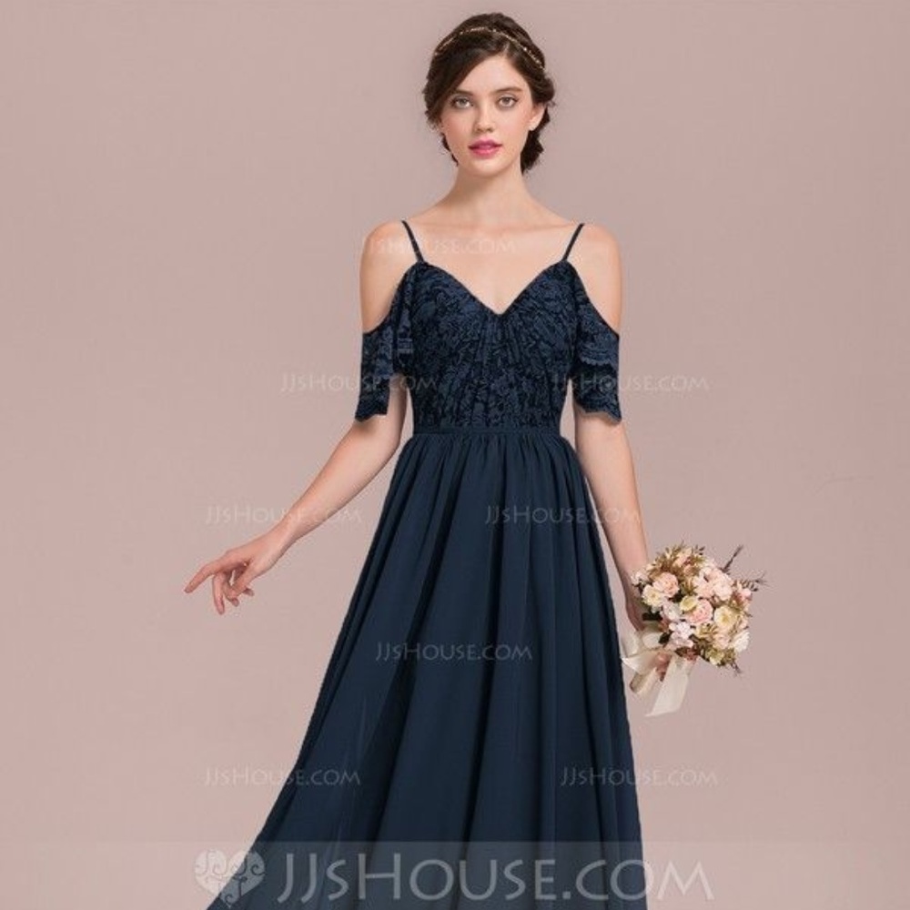 NEW A-Line/V-Neck Floor-Length Lace Top Blue Dress